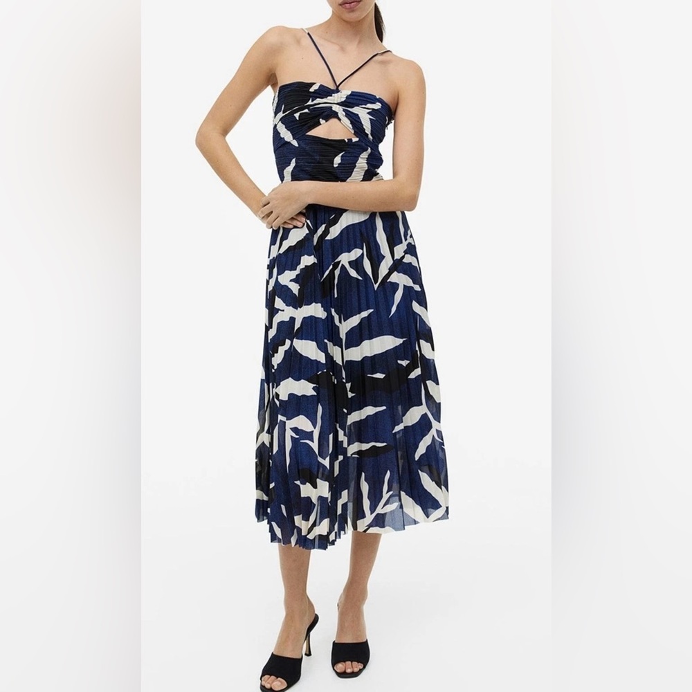 H&M’s Blue/White/Black Pleaded Halter Dress